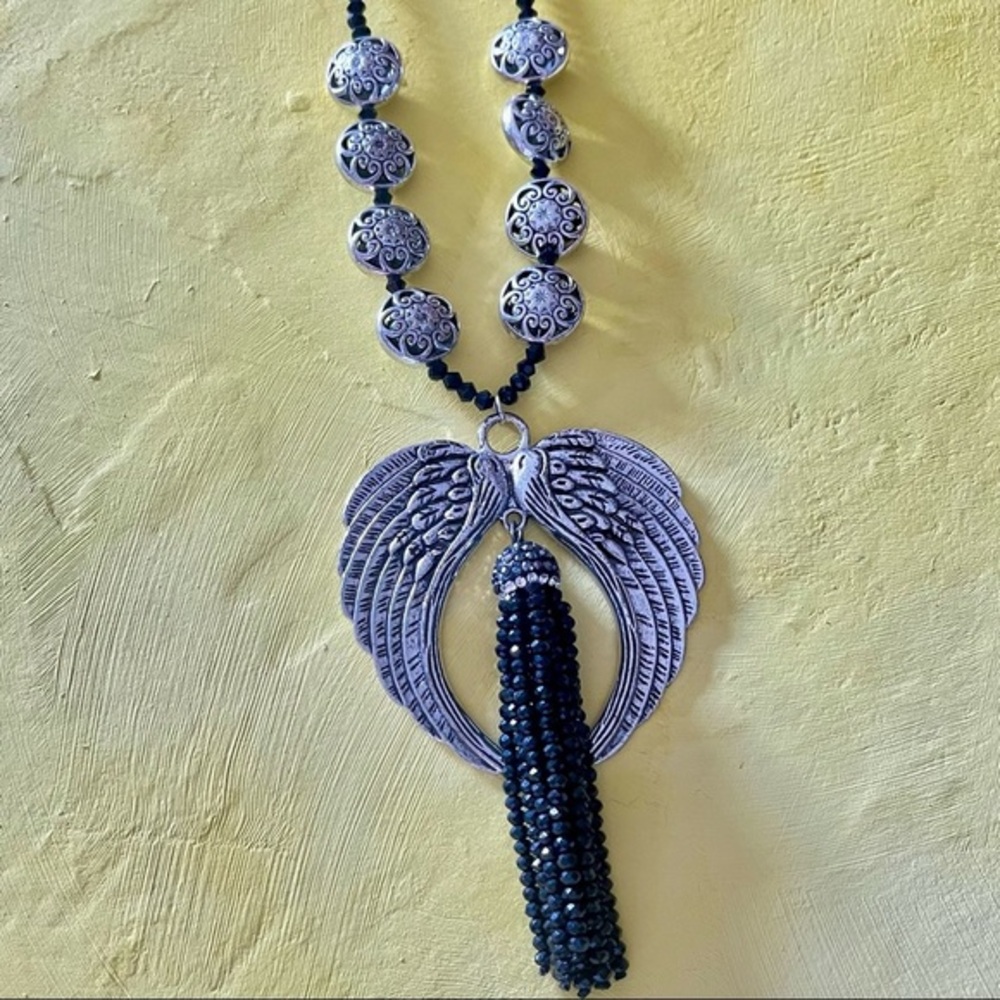 Necklace with Angel Wings Pendant and Black Tassel; New handmade item!!​